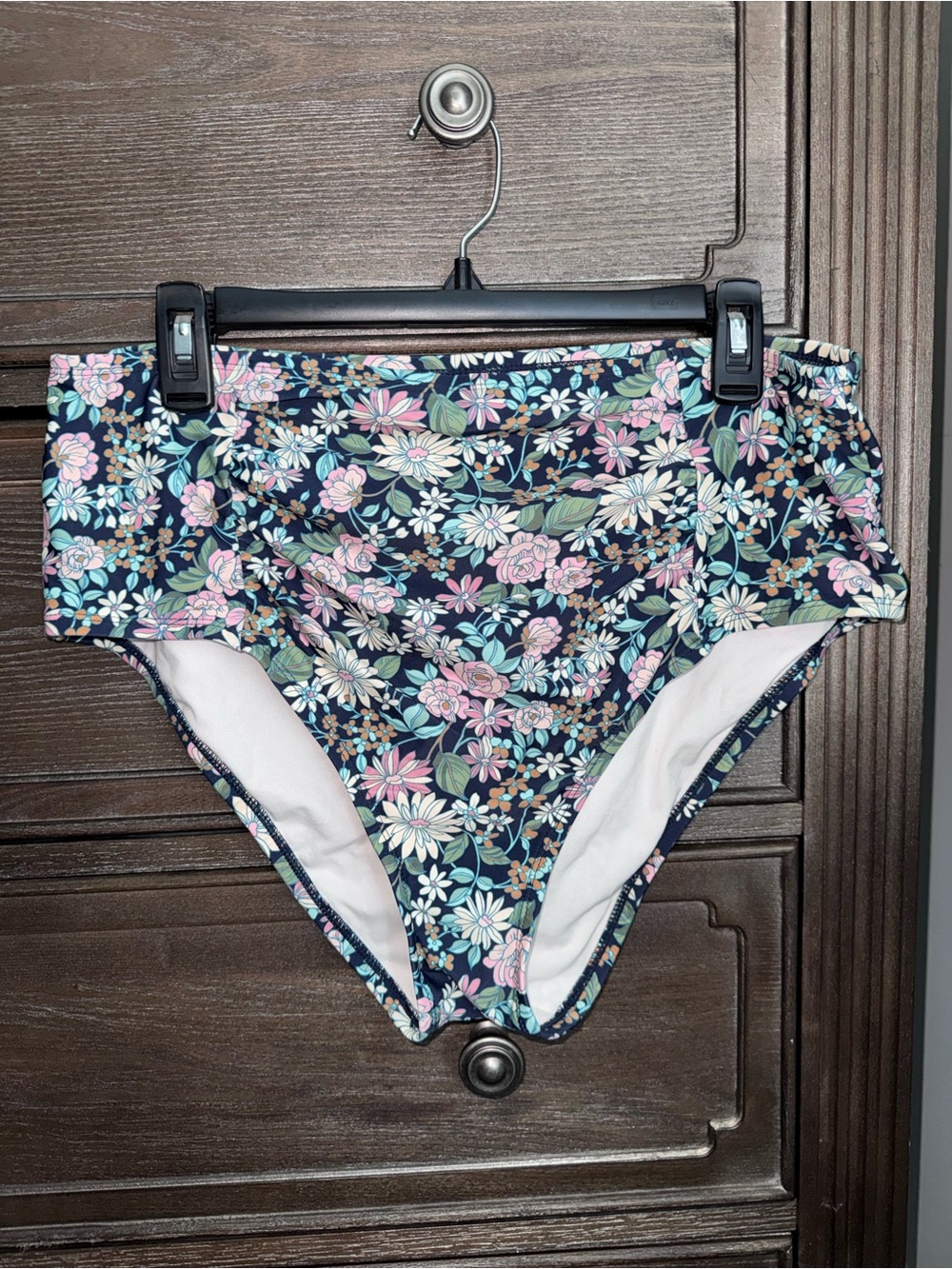 Kona Sol Navy Floral High-Waist Bikini Bottoms with Pink & White Flowers